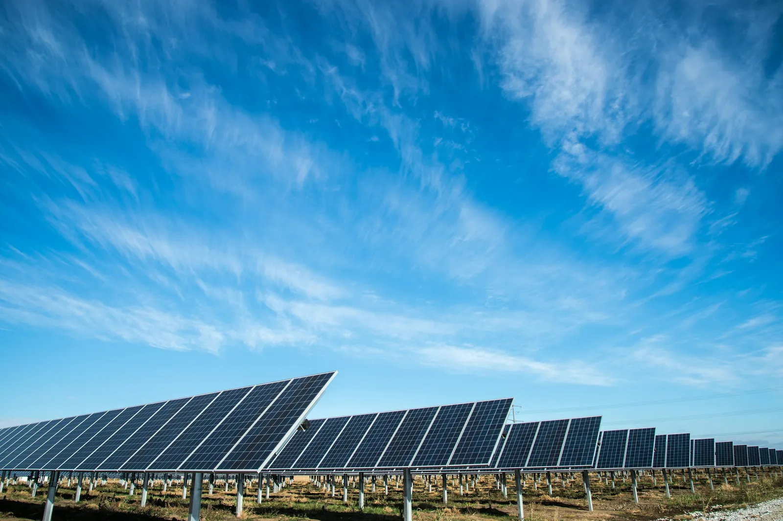 Photovoltaic arrays extending toward the horizon under a blue sky