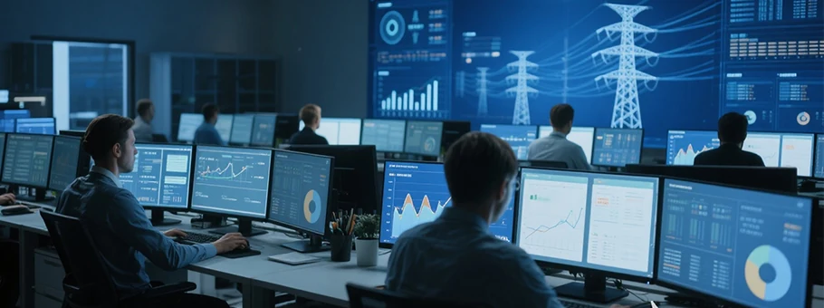 Staff reviewing energy grid analytics in a blue-lit monitoring room