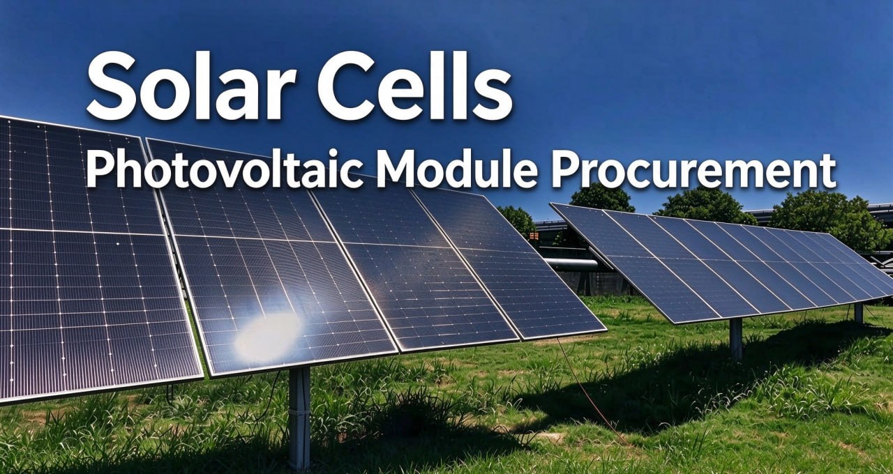 Photo of solar-panel arrays on grass under a blue sky, with English text "Solar Cells" and "Photovoltaic Module Procurement"